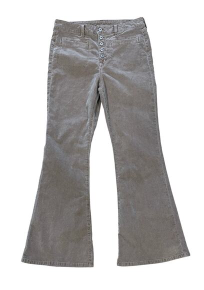 American Eagle Corduroy Pants Stretch Super High Rise Flare Button Fly Khaki 14 - Picture 1 of 12